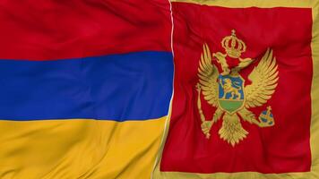 Montenegro e Armênia bandeiras juntos desatado looping fundo, em loop colisão textura pano acenando lento movimento, 3d Renderização video