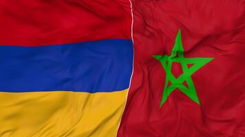 Marruecos y Armenia banderas juntos sin costura bucle fondo, serpenteado bache textura paño ondulación lento movimiento, 3d representación video