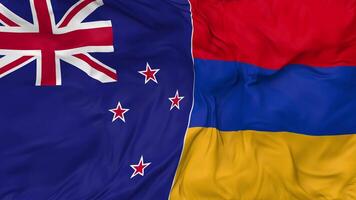 New Zealand and Armenia Flags Together Seamless Looping Background, Looped Bump Texture Cloth Waving Slow Motion, 3D Rendering video