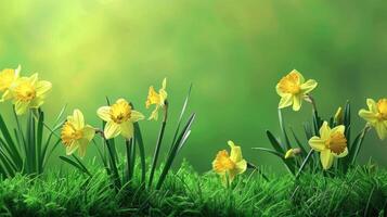 AI generated yellow daffodils, set against an electric lime green background, embodying the essence of springtime bloom and floral beauty. Ample copy space provided for messaging. photo