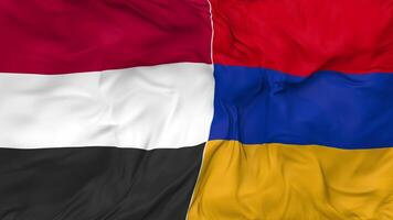 Yemen and Armenia Flags Together Seamless Looping Background, Looped Bump Texture Cloth Waving Slow Motion, 3D Rendering video