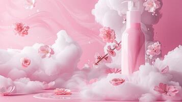 AI generated fragrant pink clouds and floral patterns emerging from freshly laundered items, illustrating the unique floral scent of laundry detergent gel. photo