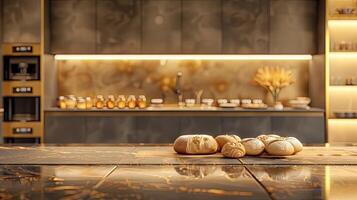 AI generated a bakery on a long table against a modern kitchen background, adorned with gold and brown colors to evoke luxury, offering ample copy space. photo
