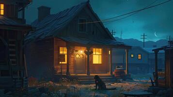 AI generated a small western town at night, with a warmly illuminated wooden house and a faithful dog resting on its doorstep, evoking the timeless allure of frontier life. photo