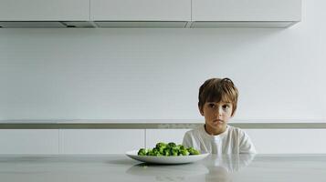 AI generated a sulking child seated in front of a plate of vegetables on a modern kitchen table, portraying the challenges of mealtime struggles and healthy eating habits in a contemporary setting. photo