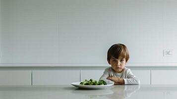 ai generado un malhumorado niño sentado en frente de un plato de vegetales en un moderno cocina mesa, retratar el retos de hora de comer luchas y sano comiendo hábitos en un contemporáneo ajuste. foto