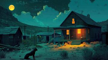 AI generated a small western town at night, with a warmly illuminated wooden house and a faithful dog resting on its doorstep, evoking the timeless allure of frontier life. photo