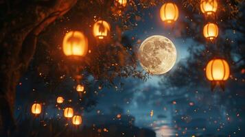 ai generado el lleno Luna esclarecedor el noche cielo durante el santo mes de ramadán, evocando un sentido de serenidad y espiritualidad en medio de el pacífico oscuridad. foto