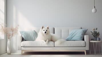 AI generated an American Eskimo Dog lounging on a white couch in a modern living room, with soft colors dominating the palette, creating a serene and contemporary ambiance. photo