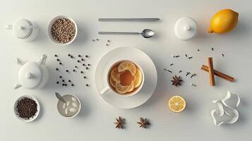 AI generated beautiful tea presented from a top view, infused with elements of lemon, cinnamon, cloves, and other spices, evoking warmth and comfort. photo