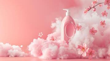 AI generated fragrant pink clouds and floral patterns emerging from freshly laundered items, illustrating the unique floral scent of laundry detergent gel. photo