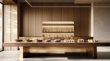 AI generated a bakery on a long table against a modern kitchen background, adorned with gold and brown colors to evoke luxury, offering ample copy space. photo