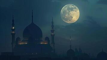 AI generated the full moon illuminating the night sky during the holy month of Ramadan, evoking a sense of serenity and spirituality amidst the peaceful darkness. photo