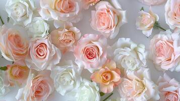 AI generated a bridal flower arrangement featuring roses in a variety of pastel colors, beautifully arranged in a top view, flat lay composition, perfect for inspiring brides to be. photo