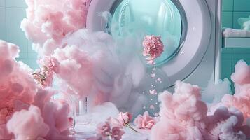 AI generated fragrant pink clouds and floral patterns emerging from freshly laundered items, illustrating the unique floral scent of laundry detergent gel. photo