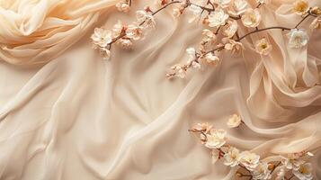 AI generated a light-colored costume adorned with flowers as decor, captured from a top-down perspective, offering ample copy space for various design needs. photo