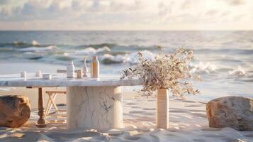 AI generated a white marble table set up for a mockup against the backdrop of a romantic beach wedding reception, featuring soft sand, gentle waves, and dreamy coastal decor. photo