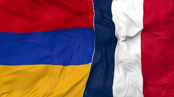 Frankrike och armenia flaggor tillsammans sömlös looping bakgrund, looped stöta textur trasa vinka långsam rörelse, 3d tolkning video