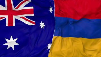 Austrália e Armênia bandeiras juntos desatado looping fundo, em loop colisão textura pano acenando lento movimento, 3d Renderização video