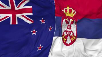 Neu Neuseeland und Serbien Flaggen zusammen nahtlos Schleifen Hintergrund, geloopt stoßen Textur Stoff winken schleppend Bewegung, 3d Rendern video