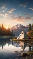 AI generated a tent pitched by a serene lake, enveloped in hazy romanticism, where the soft glow of the setting sun casts a mesmerizing ambiance over the natural landscape photo