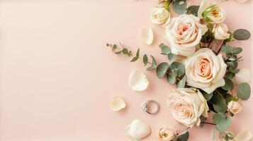 AI generated a bridal flower arrangement featuring roses in a variety of pastel colors, beautifully arranged in a top view, flat lay composition, perfect for inspiring brides to be. SEAMLESS PATTERN. photo