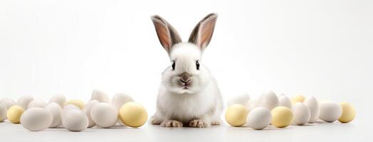 AI generated a super funny and cute white Easter bunny surrounded by chocolate eggs, perfect for an Easter advertising campaign against a solid white background. photo