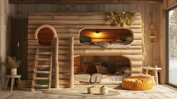 AI generated a natural wood log hut-shaped bunk bed with stairs, nestled in a cozy cabin setting, evoking the essence of rustic charm and adventure. photo