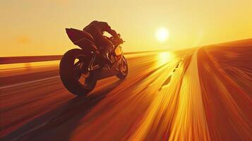 AI generated a speeding superbike tearing down the highway at sunset, immerses viewers in the adrenaline-fueled thrill of the open road. photo