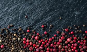 AI generated Black, red and white peppercorns on dark stone background. Space for text photo