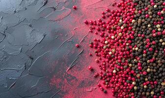 AI generated Red, black and white peppercorns on a dark textured background photo