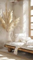 AI generated a daybed adorned with white cushions, complemented by a vase of pampas grass near the window to invite natural light, creating a cozy and inviting atmosphere. photo