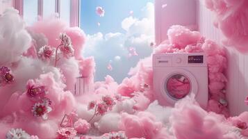 AI generated fragrant pink clouds and floral patterns emerging from freshly laundered items, illustrating the unique floral scent of laundry detergent gel. photo