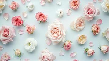 AI generated a bridal flower arrangement featuring roses in a variety of pastel colors, beautifully arranged in a top view, flat lay composition, perfect for inspiring brides to be. SEAMLESS PATTERN. photo