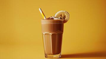 AI generated a chocolate peanut butter banana smoothie drink, with tantalizing swirls of peanut butter and cocoa powder on top, inviting viewers to indulge in this decadent treat. photo