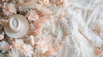 AI generated a light-colored costume adorned with flowers as decor, captured from a top-down perspective, offering ample copy space for various design needs. photo