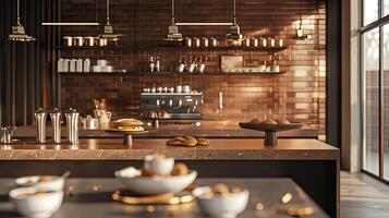 AI generated a bakery on a long table against a modern kitchen background, adorned with gold and brown colors to evoke luxury, offering ample copy space. photo