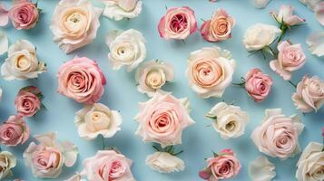 AI generated a bridal flower arrangement featuring roses in a variety of pastel colors, beautifully arranged in a top view, flat lay composition, perfect for inspiring brides to be. SEAMLESS PATTERN. photo