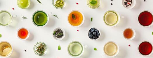 AI generated cups of various teas including green, black, fruit, and herbal tea on a white background, inviting viewers to indulge in a sensory journey of tea exploration. photo