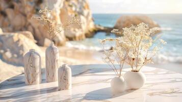 AI generated a white marble table set up for a mockup against the backdrop of a romantic beach wedding reception, featuring soft sand, gentle waves, and dreamy coastal decor. photo