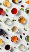 AI generated cups of various teas including green, black, fruit, and herbal tea on a white background, inviting viewers to indulge in a sensory journey of tea exploration. photo