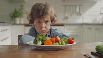 ai generado un malhumorado niño sentado en frente de un plato de vegetales en un moderno cocina mesa, retratar el retos de hora de comer luchas y sano comiendo hábitos en un contemporáneo ajuste. foto