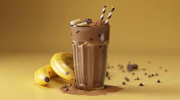 AI generated a chocolate peanut butter banana smoothie drink, with tantalizing swirls of peanut butter and cocoa powder on top, inviting viewers to indulge in this decadent treat. photo