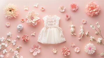 AI generated a light-colored costume adorned with flowers as decor, captured from a top-down perspective, offering ample copy space for various design needs. photo