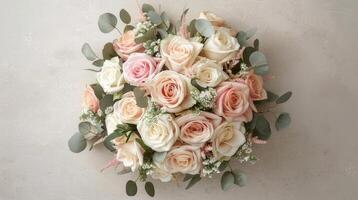 AI generated a bridal flower arrangement featuring roses in a variety of pastel colors, beautifully arranged in a top view, flat lay composition, perfect for inspiring brides to be. photo