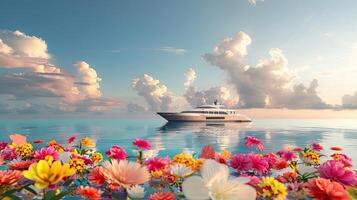 AI generated a yacht festivity with the deck adorned in vibrant flowers, set against the backdrop of tranquil waters reflecting the dreamlike scene. photo