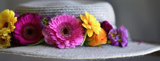 AI generated the hat and the vibrant hues of purple ranunculus and yellow gerberas adorning its brim, highlighting the beauty of nature's palette in a stylish and sophisticated display. photo