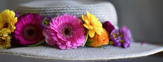 ai generado el sombrero y el vibrante matices de púrpura ranúnculo y amarillo gerberas adornando sus borde, destacando el belleza de de la naturaleza paleta en un elegante y sofisticado mostrar. foto