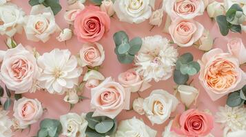 AI generated a bridal flower arrangement featuring roses in a variety of pastel colors, beautifully arranged in a top view, flat lay composition, perfect for inspiring brides to be. SEAMLESS PATTERN. photo