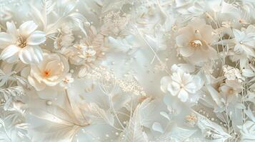 AI generated the delicate beauty of flowers and leaves in white and light colors, intertwining botanical elements in a seamless collage, evoking an ethereal and enchanting ambiance. SEAMLESS PATTERN. photo